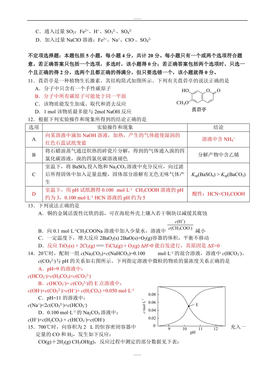 2019-2020学年度江苏省溧水高级中学高三上学期10月学情调研考试化学试卷(有答案)_第3页