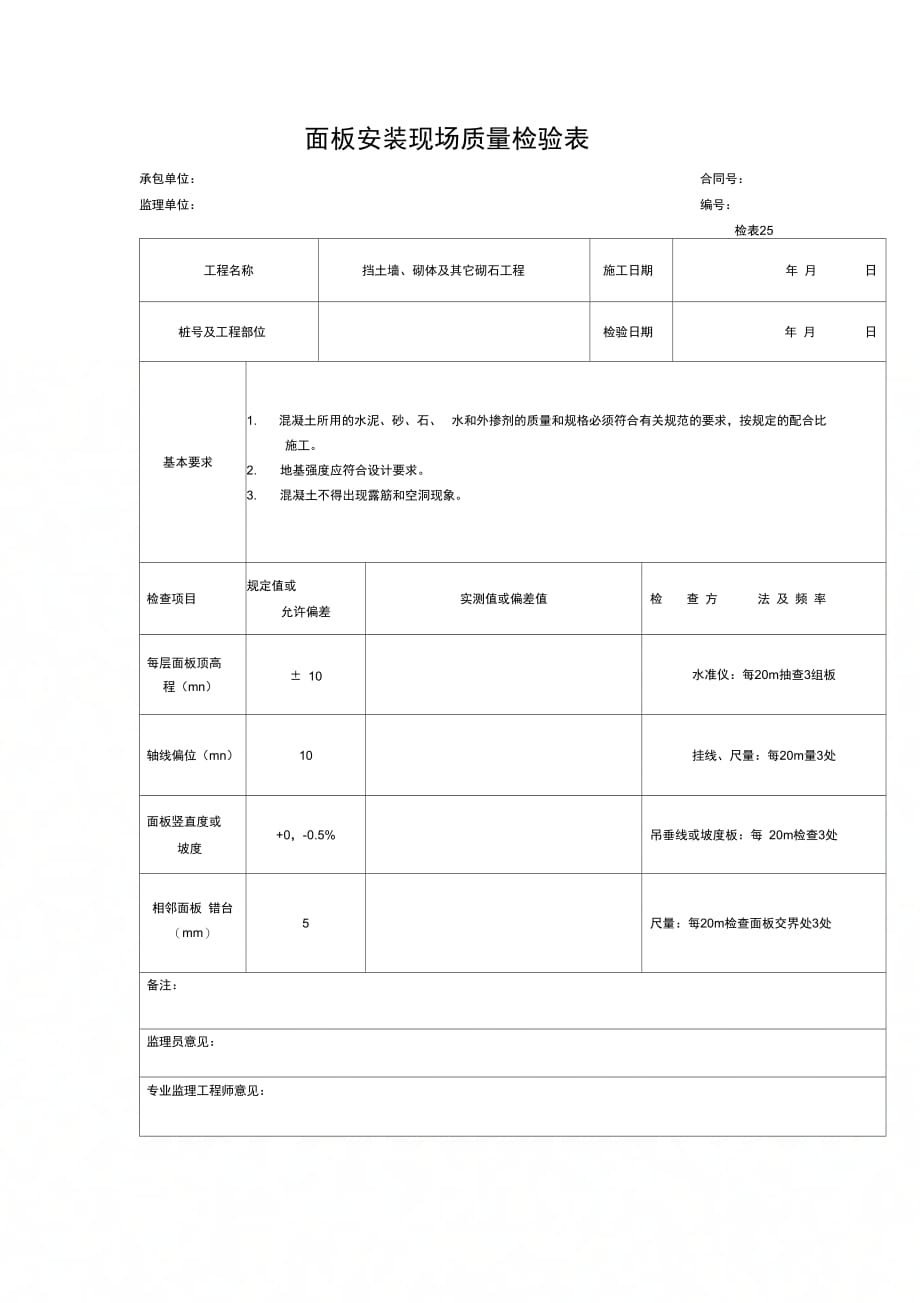 面板安装现场质量检验表_第1页