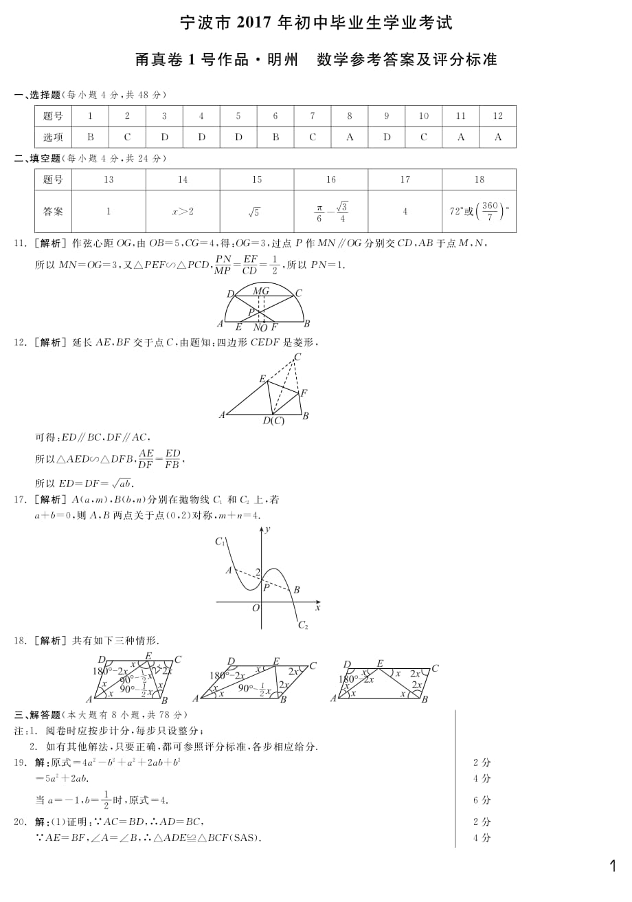 2017版甬真卷1号作品·明州数学参考答案及评分标准.pdf_第1页