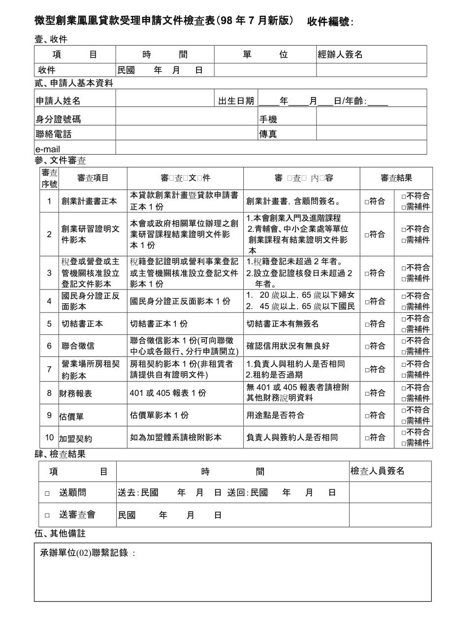 （2020）(创业指南)微型创业凤凰贷款受理申请文件检查表(98年7月新版)_第1页