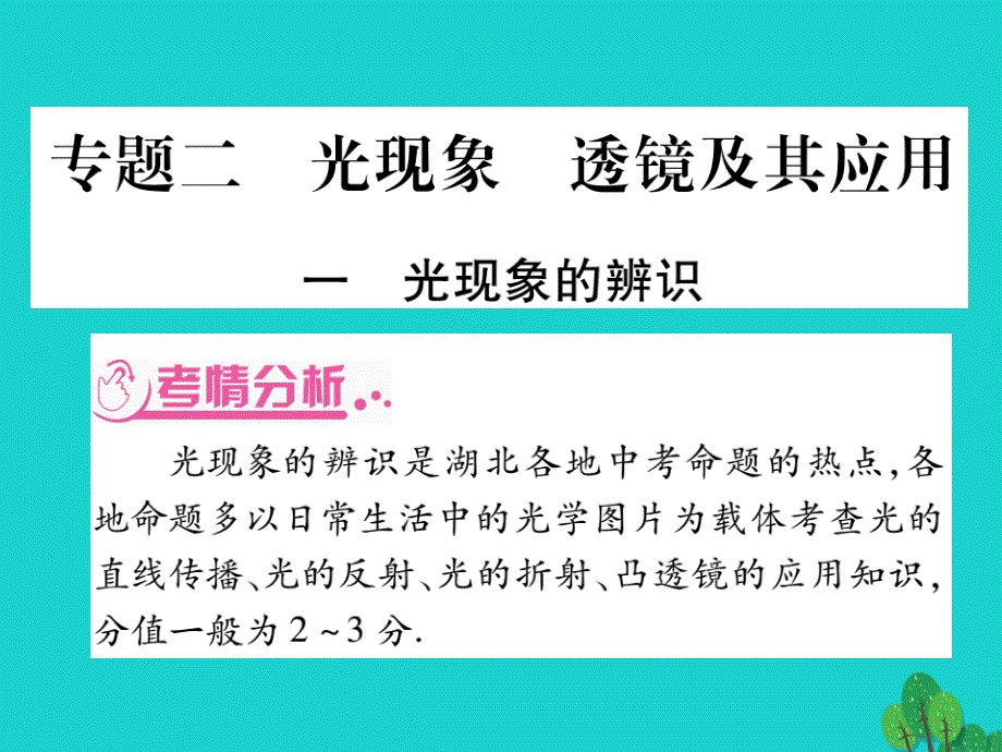 （湖北专版）中考物理总复习第二篇热点专题分类突破专题二光现象透镜及其应用课件_第1页