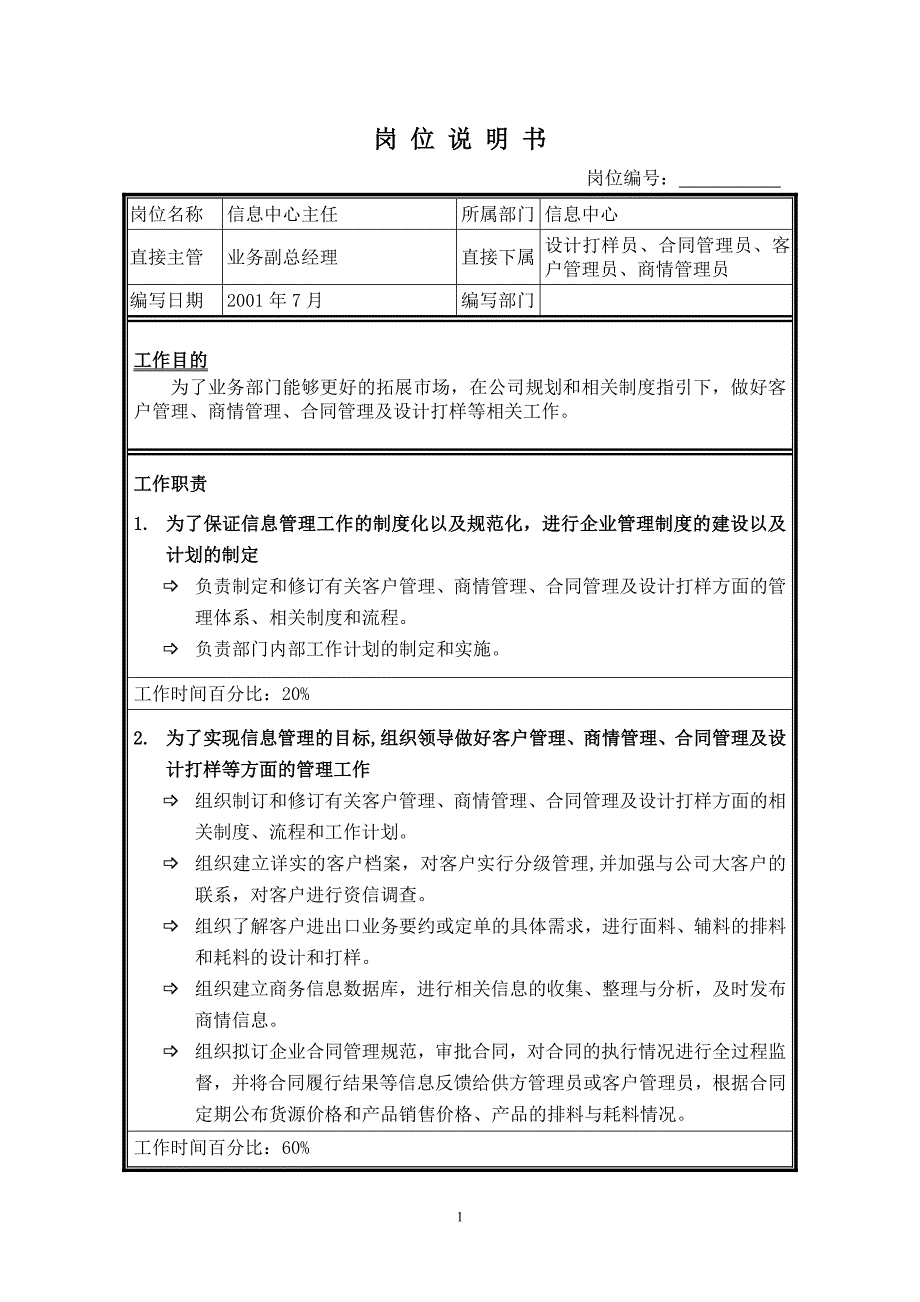 2020年（岗位职责）岗位说明书-信息中心_第1页