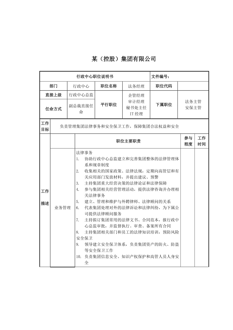 (2020年)（岗位职责）法务经理岗位说明书_第1页