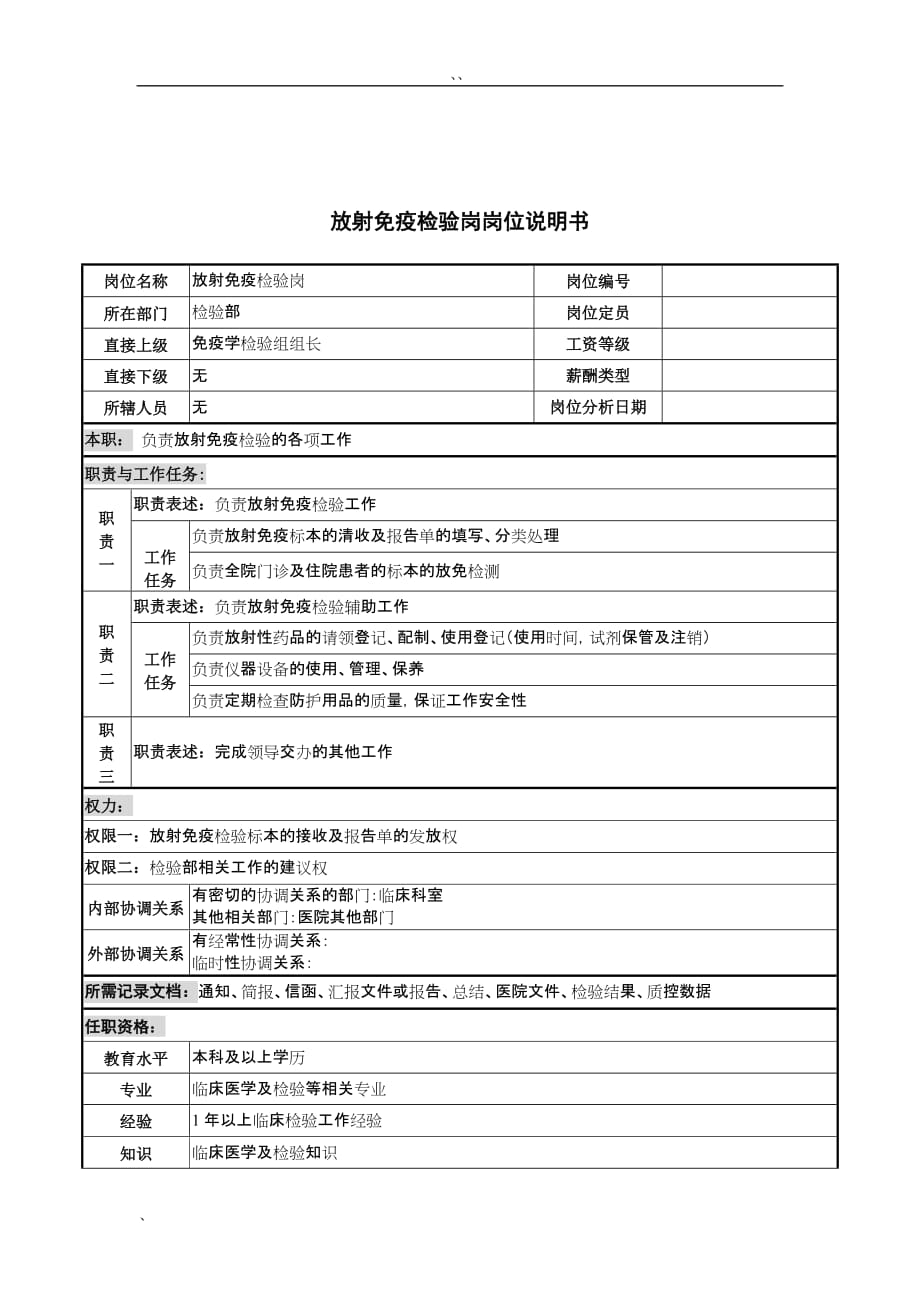 2020年（岗位职责）放射免疫检验岗岗位说明书_第1页