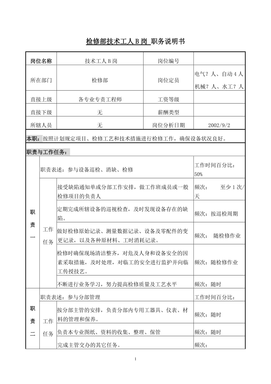 2020年（岗位职责）检修部技术工人B职务说明书_第1页