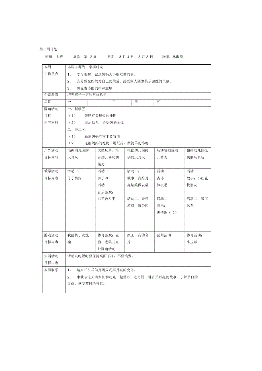 最新大班幼儿园周工作计划表[文档]_第2页