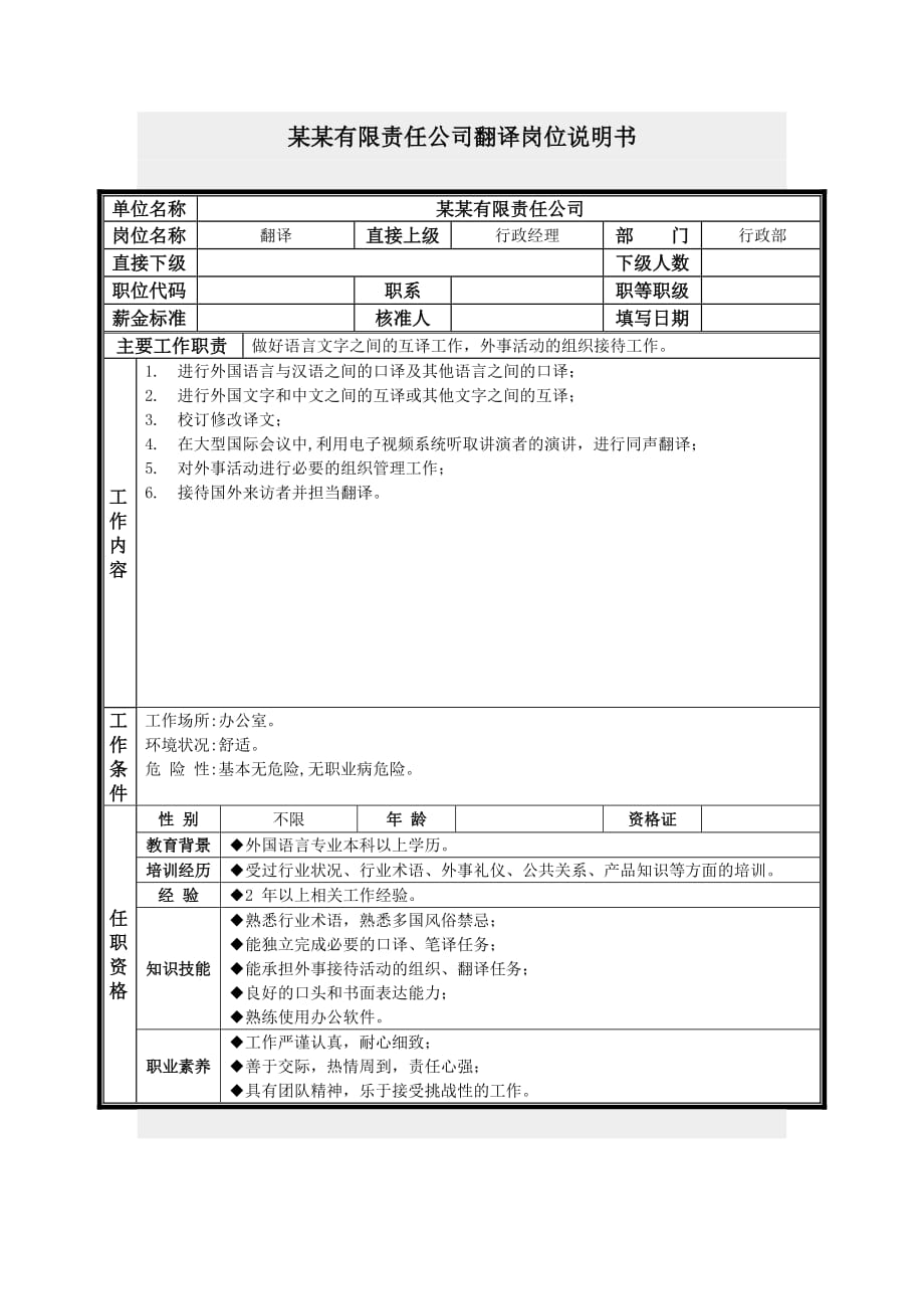 (2020年)（岗位职责）翻译岗位说明书_第1页