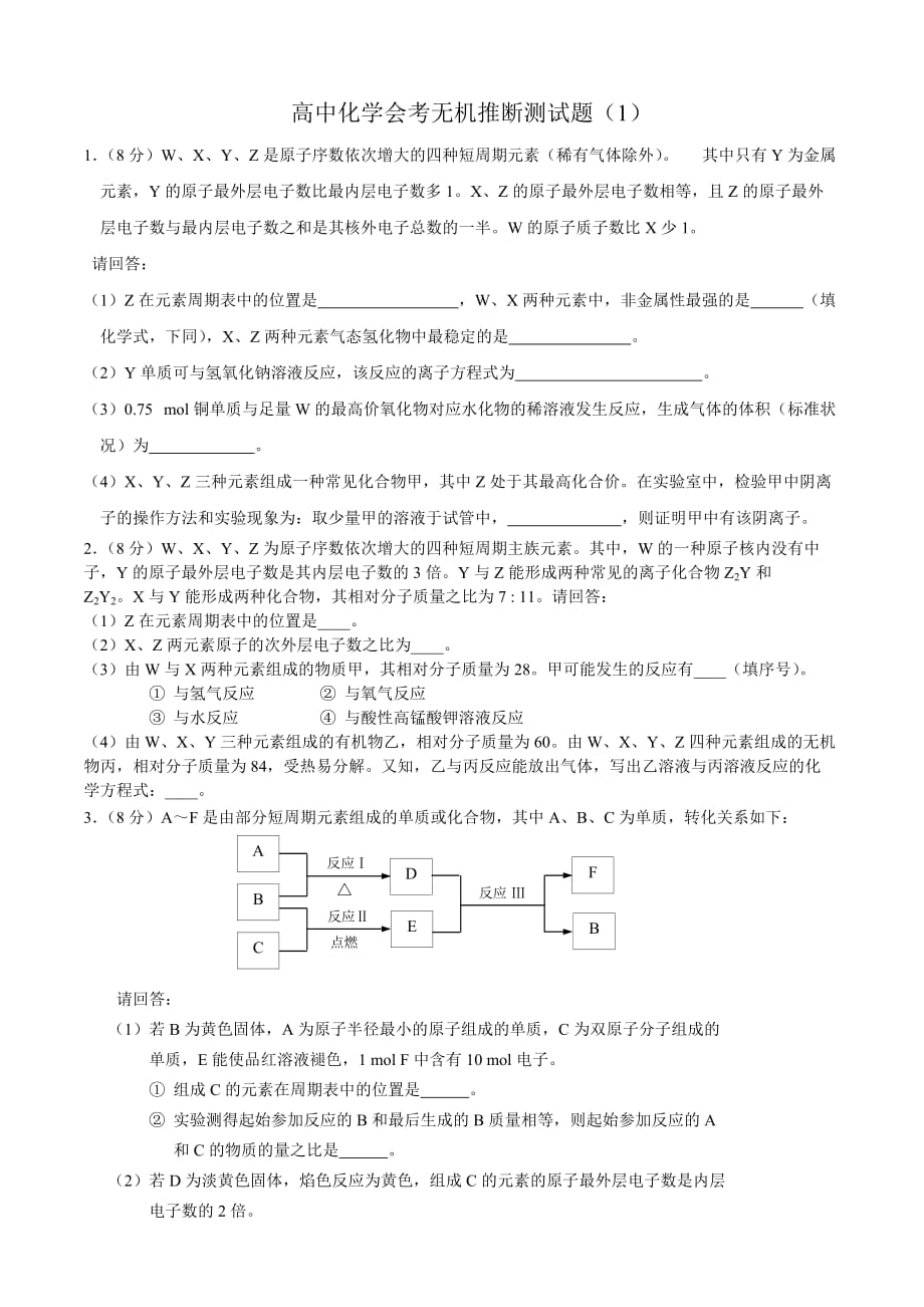 高中化学会考推断测试题1学业水平考试无机推断题_第1页