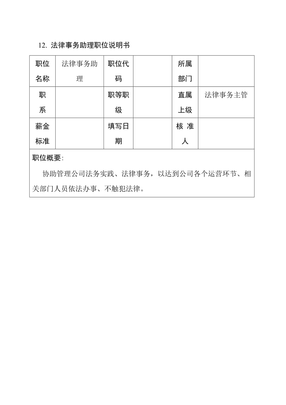 (2020年)（岗位职责）法律、环境管理职位说明书(doc 9个)4_第1页