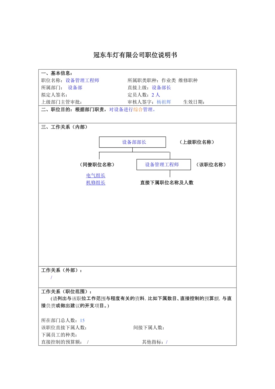 2020年（岗位职责）设备部设备管理工程师岗位描述(doc 2页)_第1页