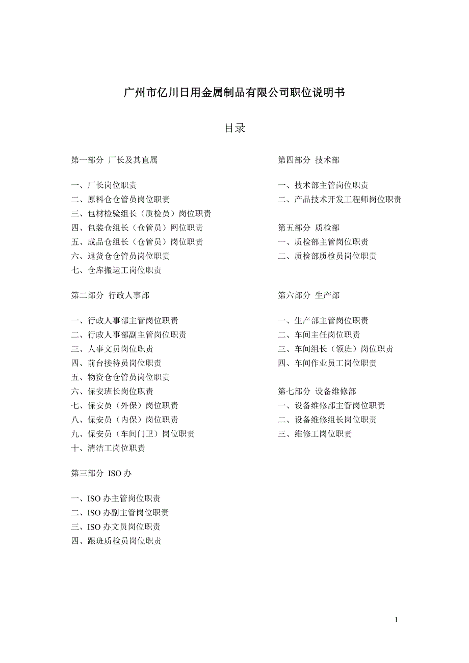 2020年（岗位职责）日用金属制品有限公司职位说明书(doc 33页)_第1页