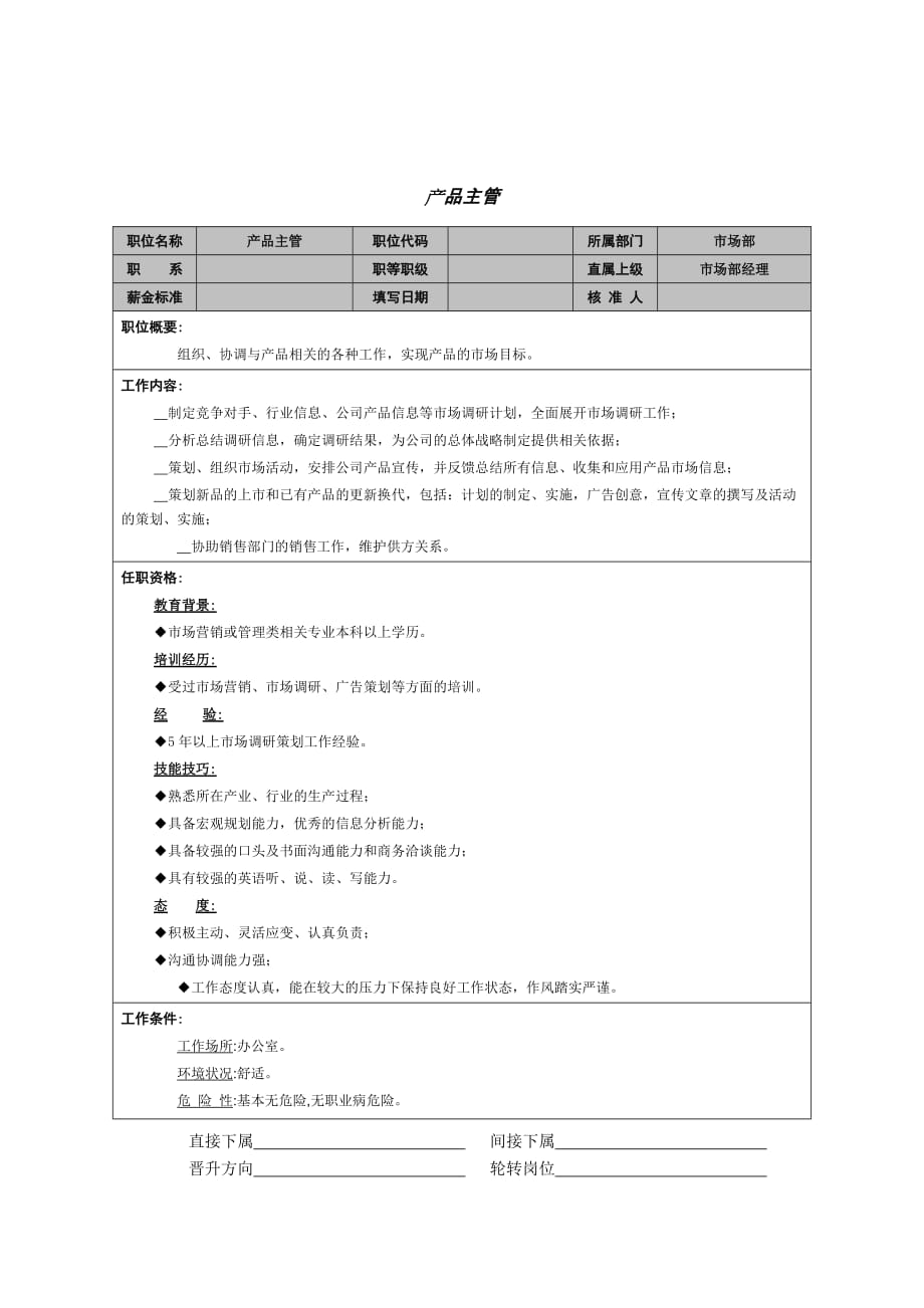 2020年（岗位职责）市场部产品主管岗位描述(doc 1页)_第1页