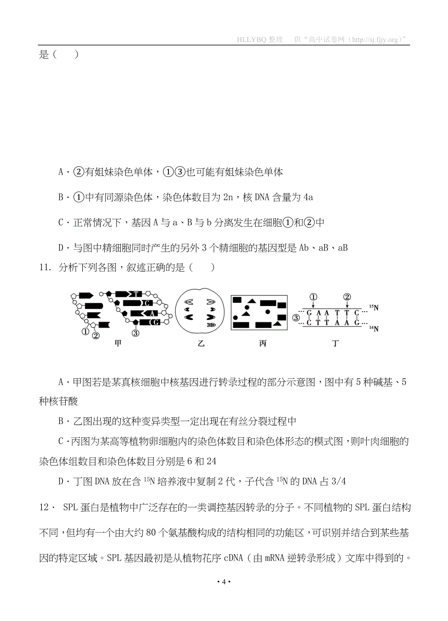 汉中市2019届高三年级教学质量第一次检测考试 生物_第4页