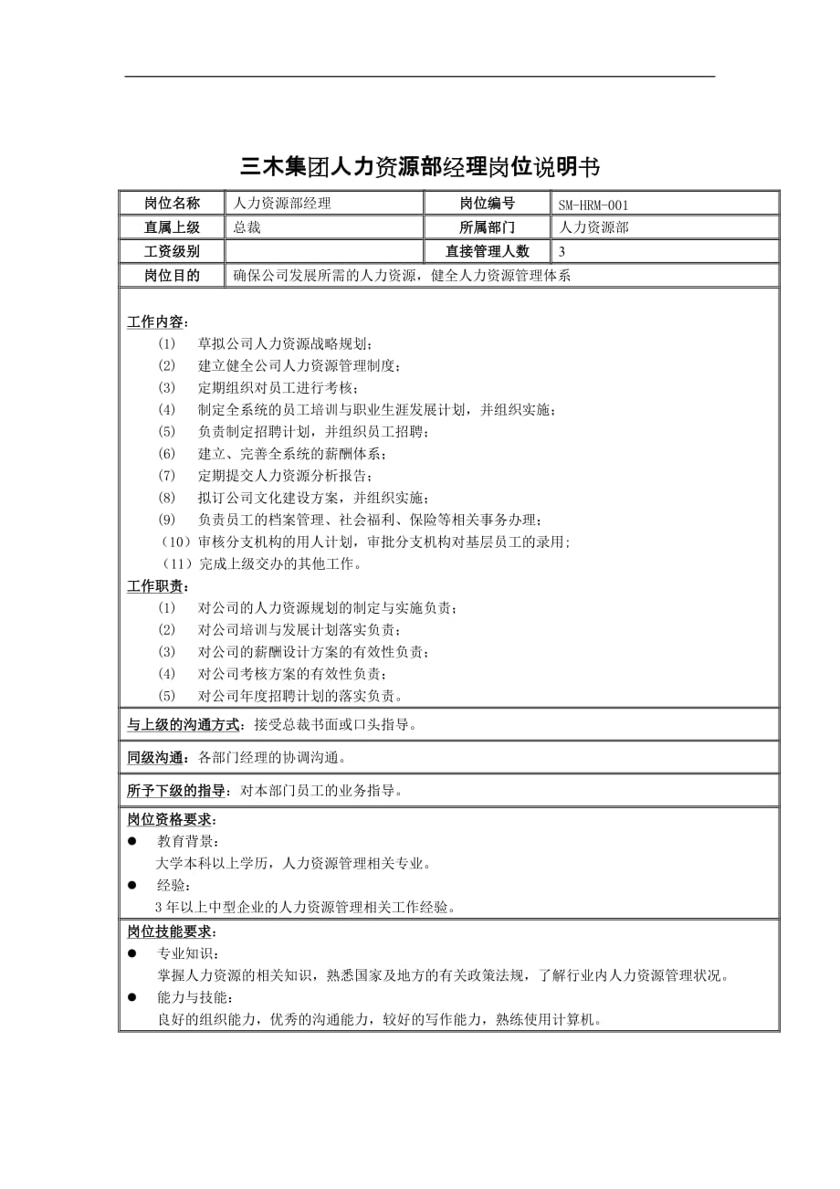 2020年（岗位职责）三木集团人力资源部经理岗位说明书_第1页