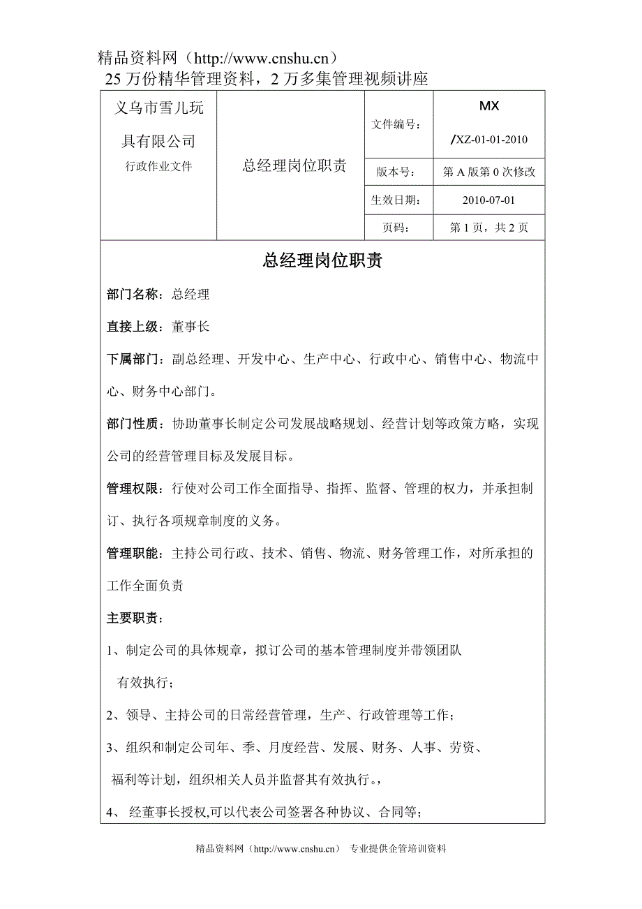 2020年（岗位职责）人力资源下载-职位分析→XX玩具制造公司职位说明书汇编_第2页