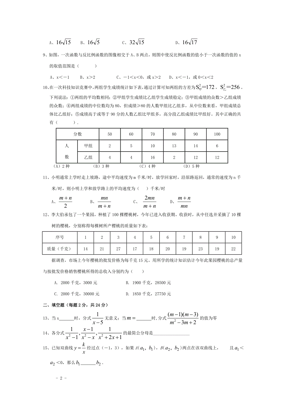 人教版---八年级下册数学期末试卷及答案_第2页