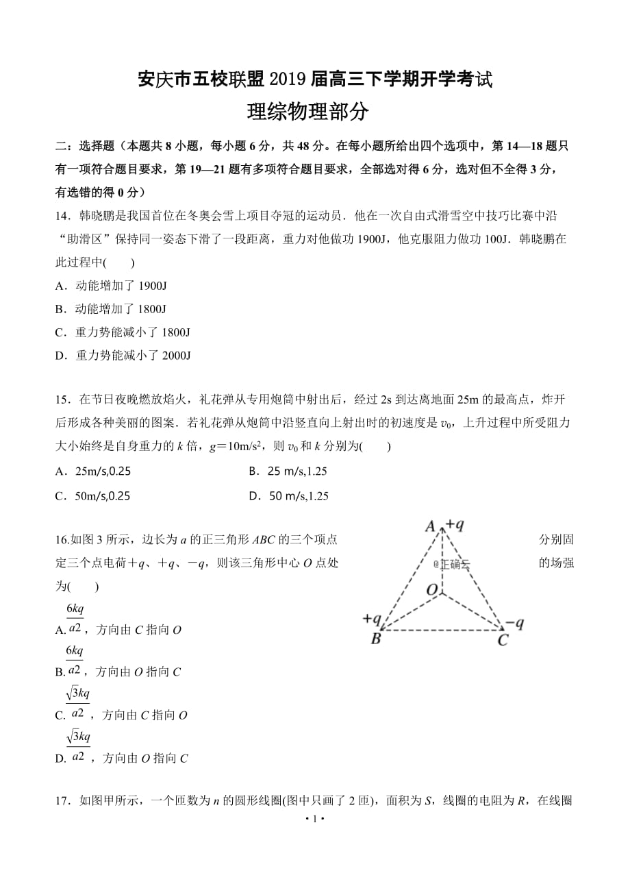 安徽省安庆市五校联盟2019届高三下学期开学考试 物理_第1页