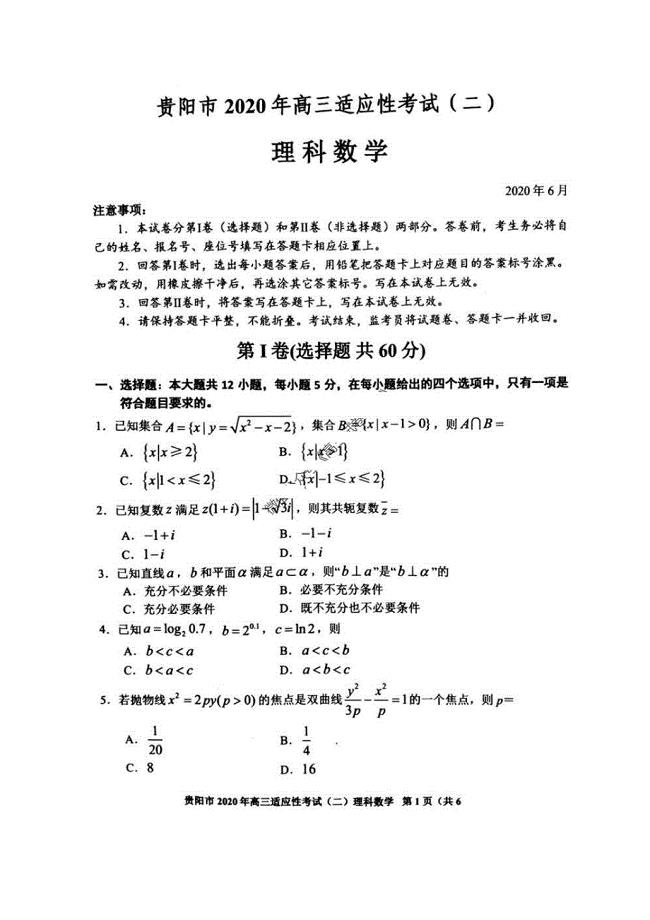 贵州省（贵阳、黔南州、六盘水、铜川）2020年二模考试 数学(理数)卷（含答案）