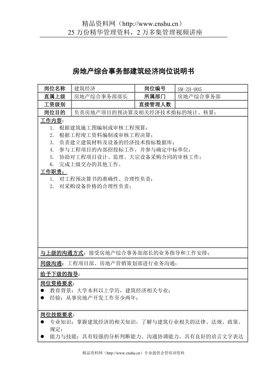 2020年（岗位职责）三木集团房地产综合事务部建筑经济岗位说明书_第1页