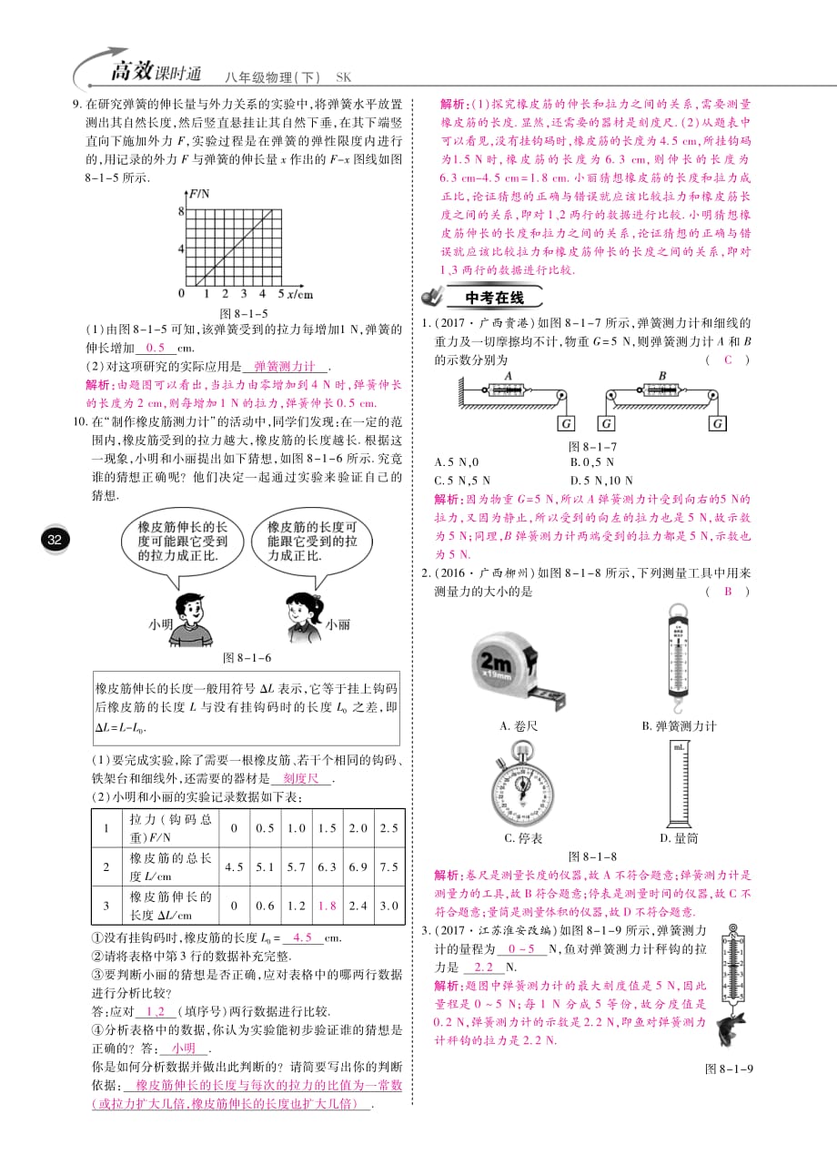 学年八年级物理下册8.1力弹力课时训练（pdf）（新版）苏科版_第3页