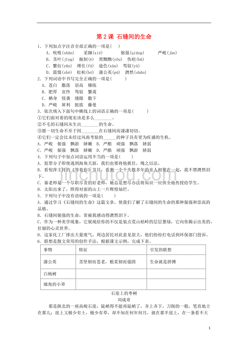 九年级语文下册第一单元第2课《石缝间的生命》同步练习语文版_第1页