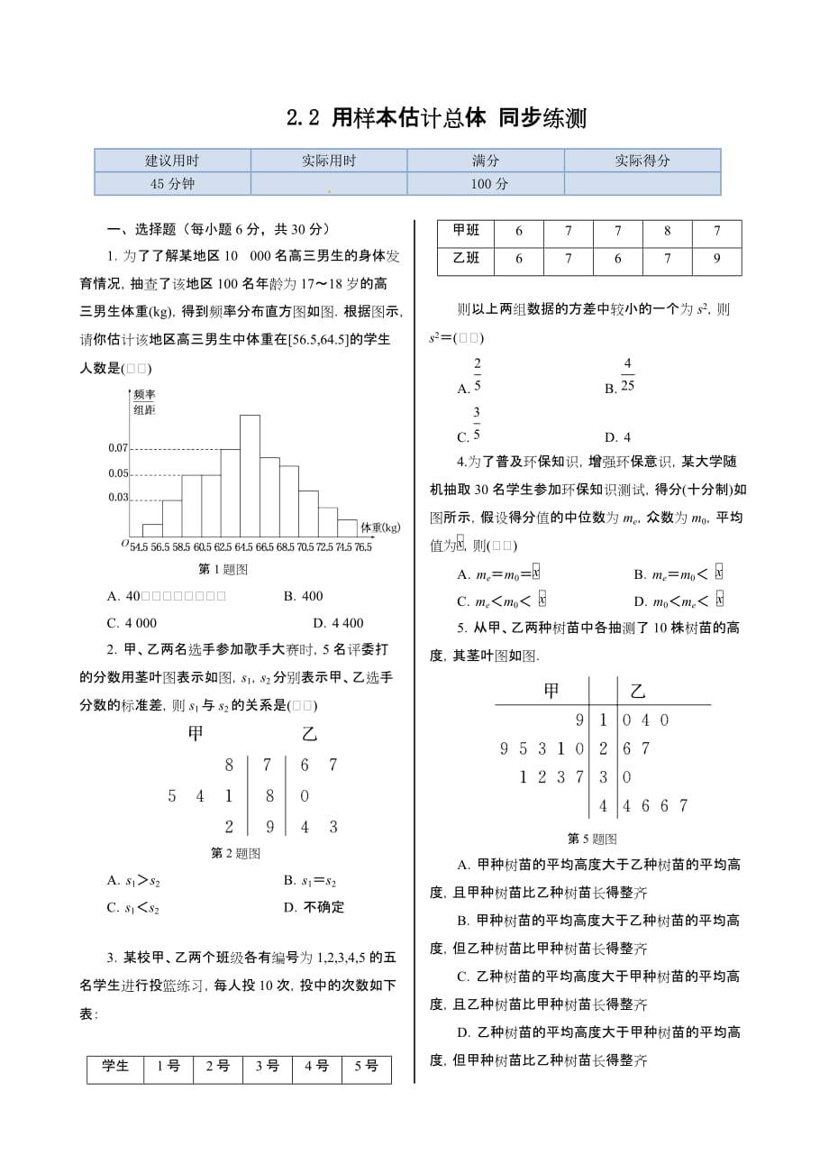 2016人教B版必修3高中数学2.2《用样本估计总体》word同步练测 .doc_第1页