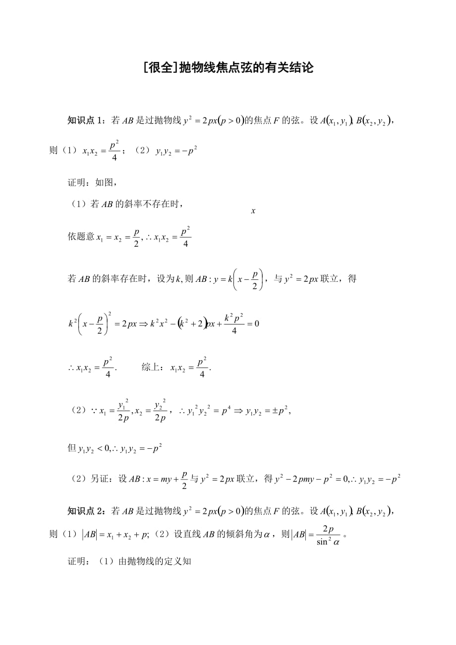 [很全]抛物线焦点弦的有关结论.doc_第1页