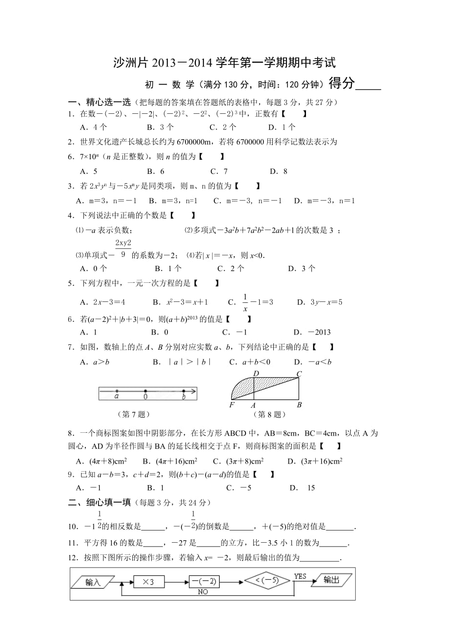 2013秋苏科版初中数学七年级上册期中试卷2.doc_第1页