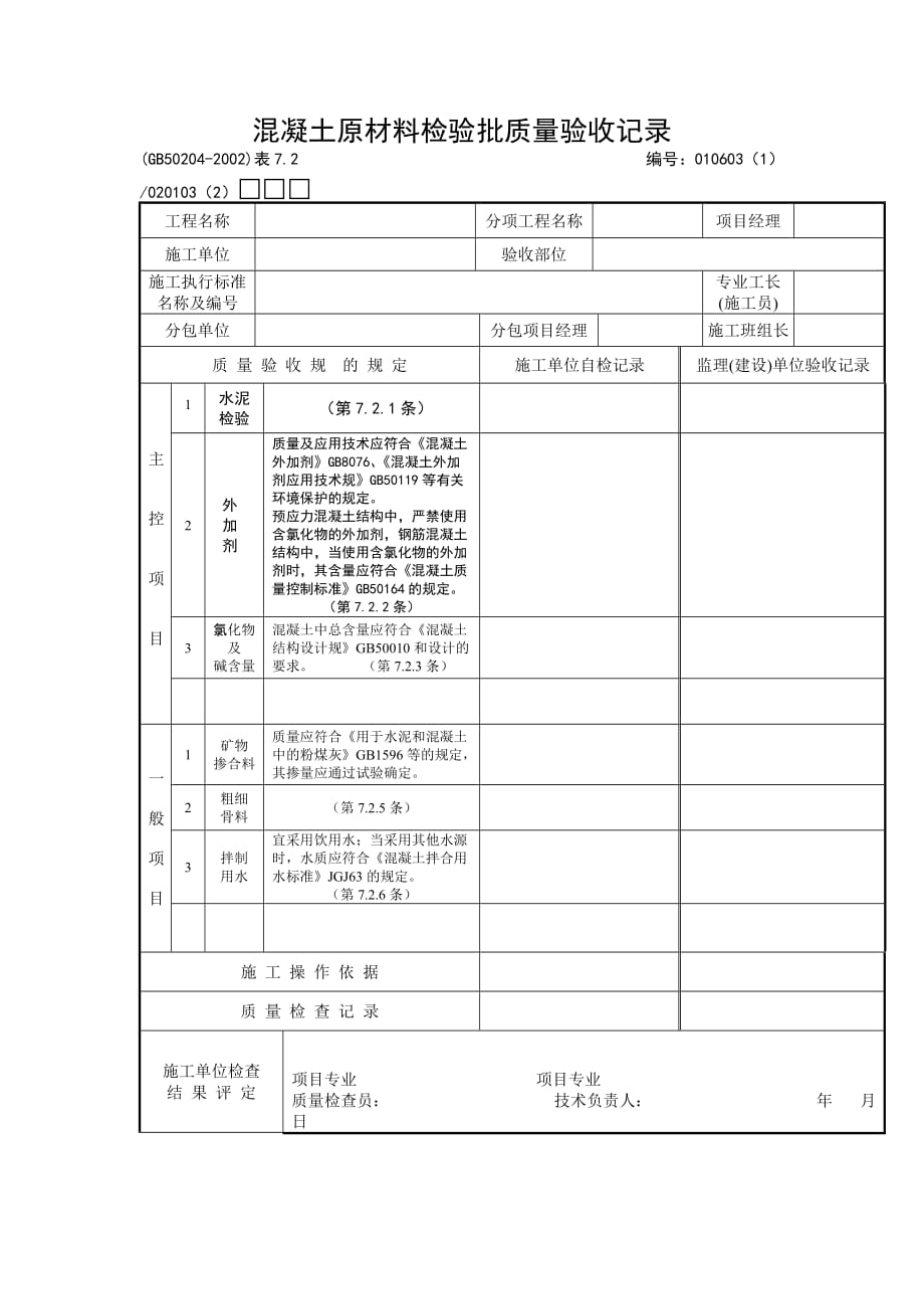 混凝土原材料检验批质量验收记录文本_第1页