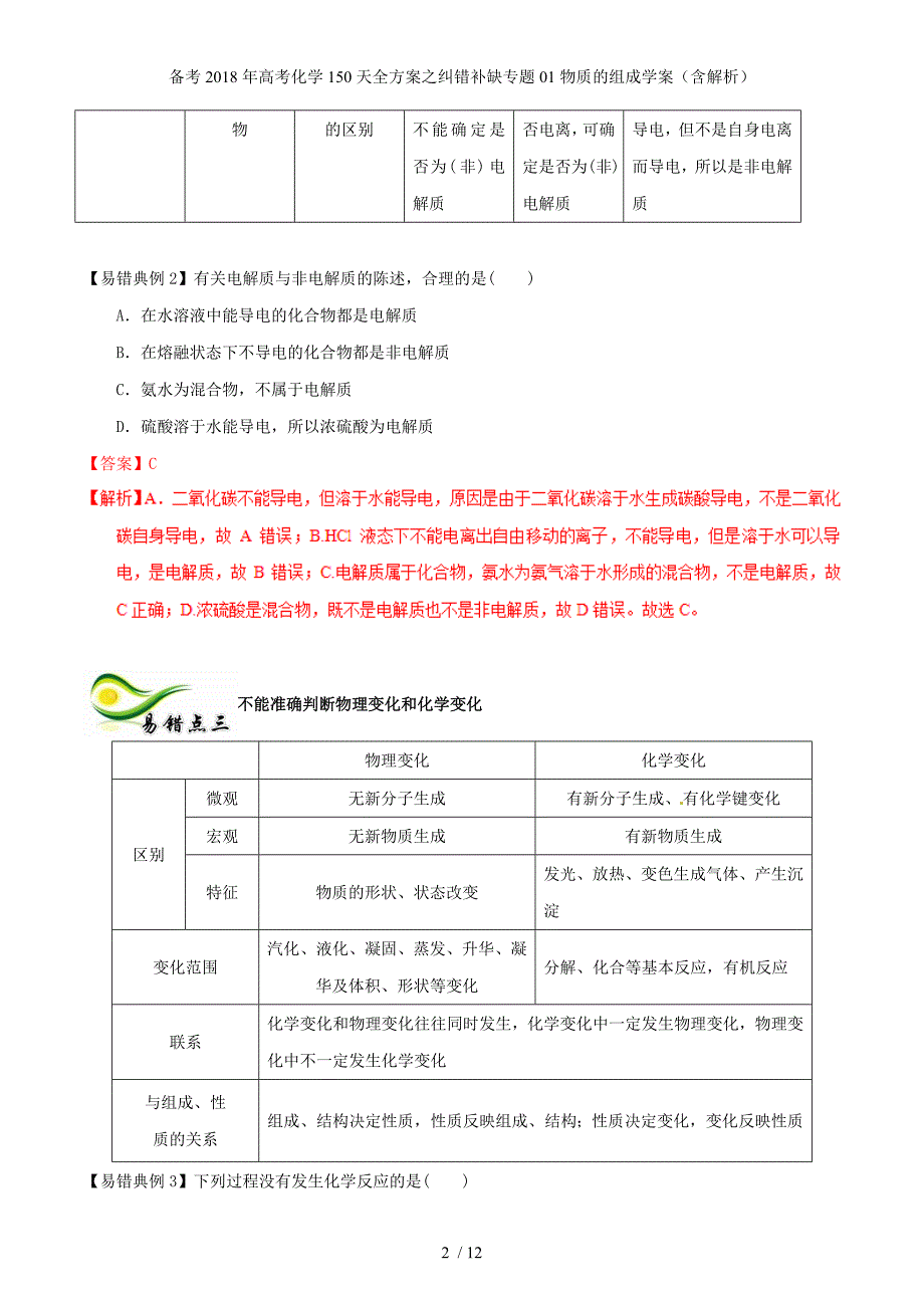 高考化学150天全方案之纠错补缺专题01物质的组成学案（含解析）_第2页