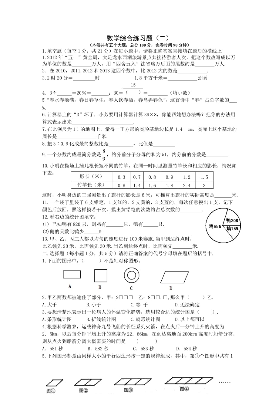 2016-2017数学小升初模拟试题(二)_第1页