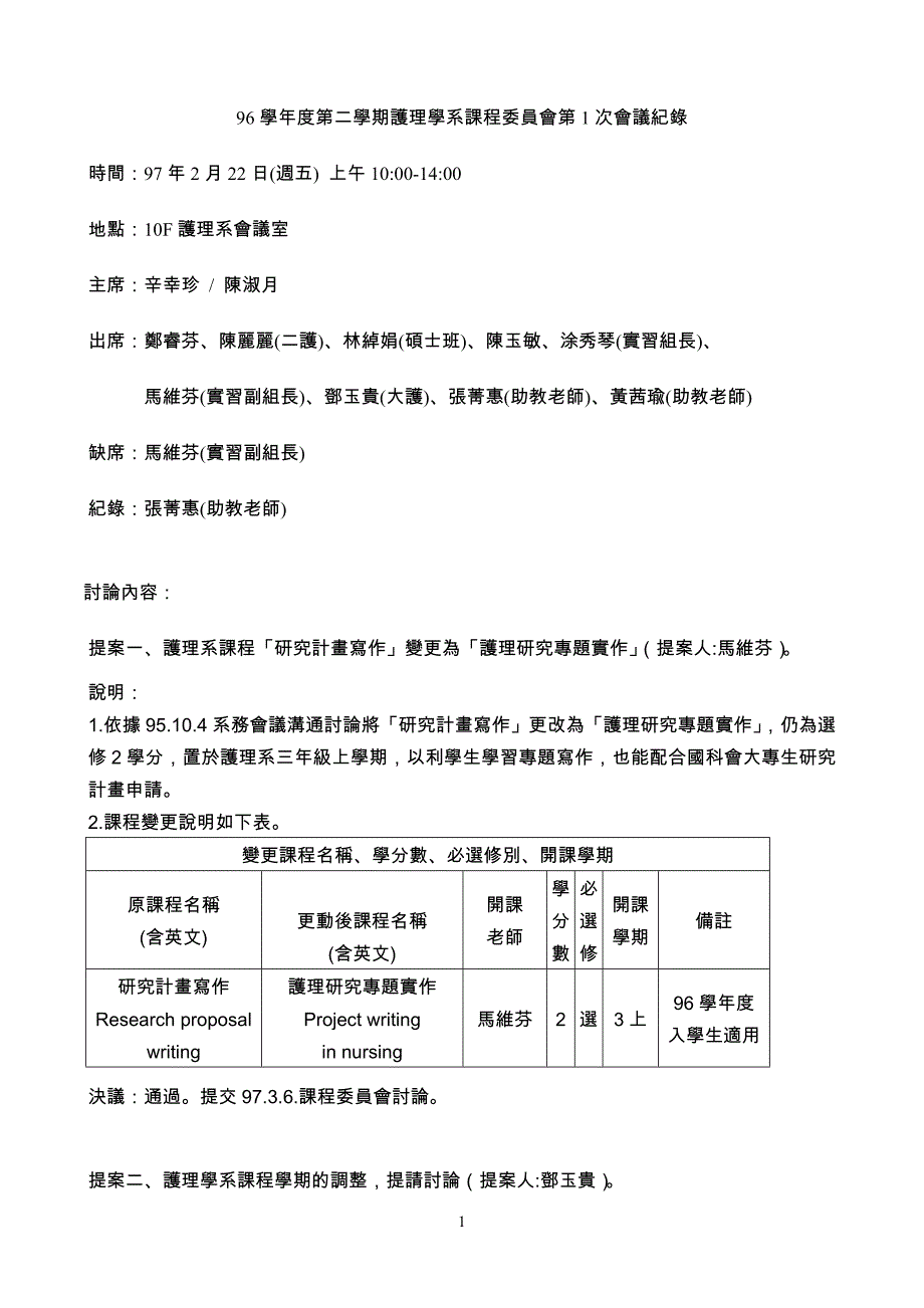 2020年（会议管理）96学年度第二学期护理学系课程委员会第1次会议纪录_第1页