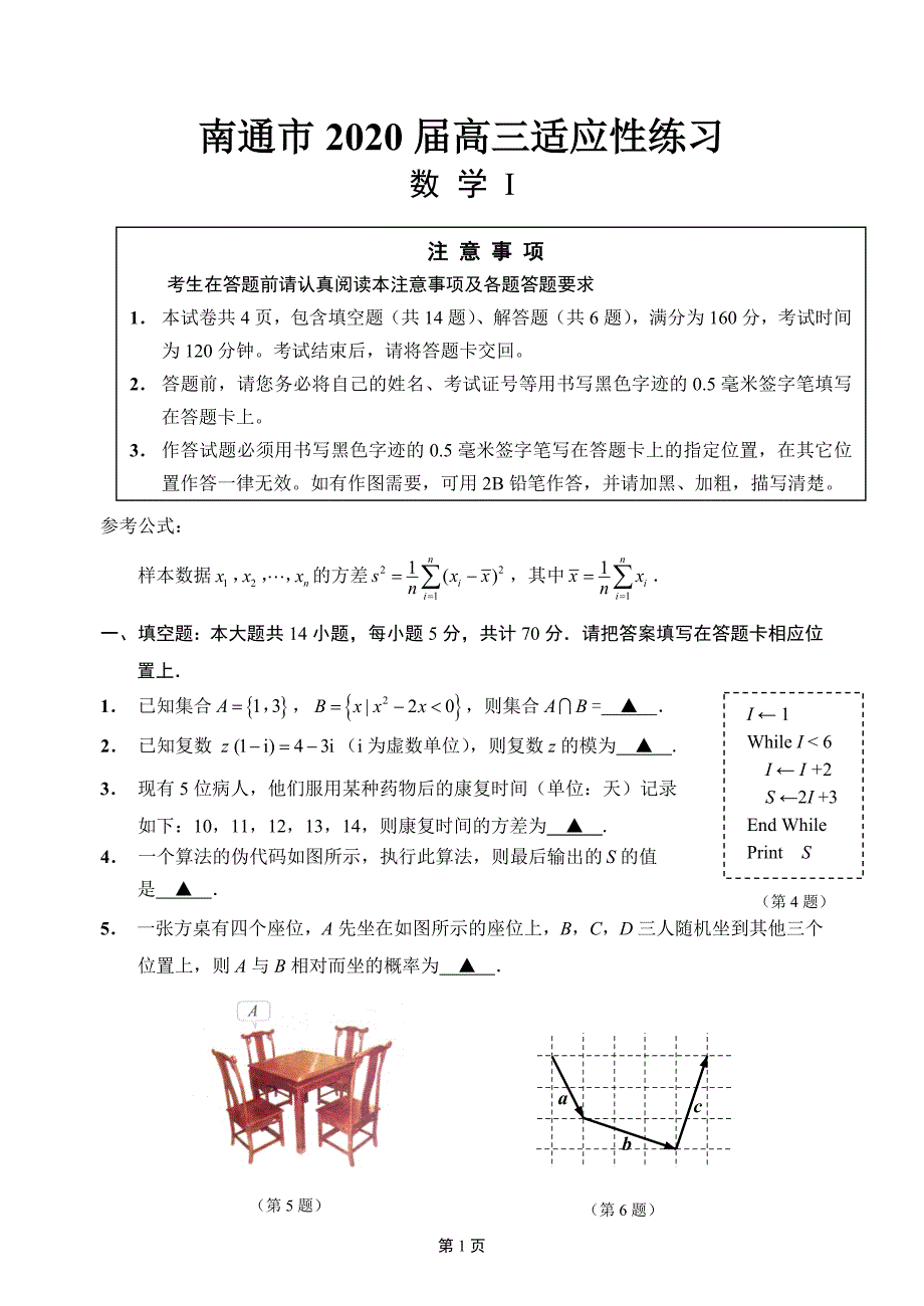 江苏省南通市2020届高三适应性练习数学试题含附加题（解析版）_第1页