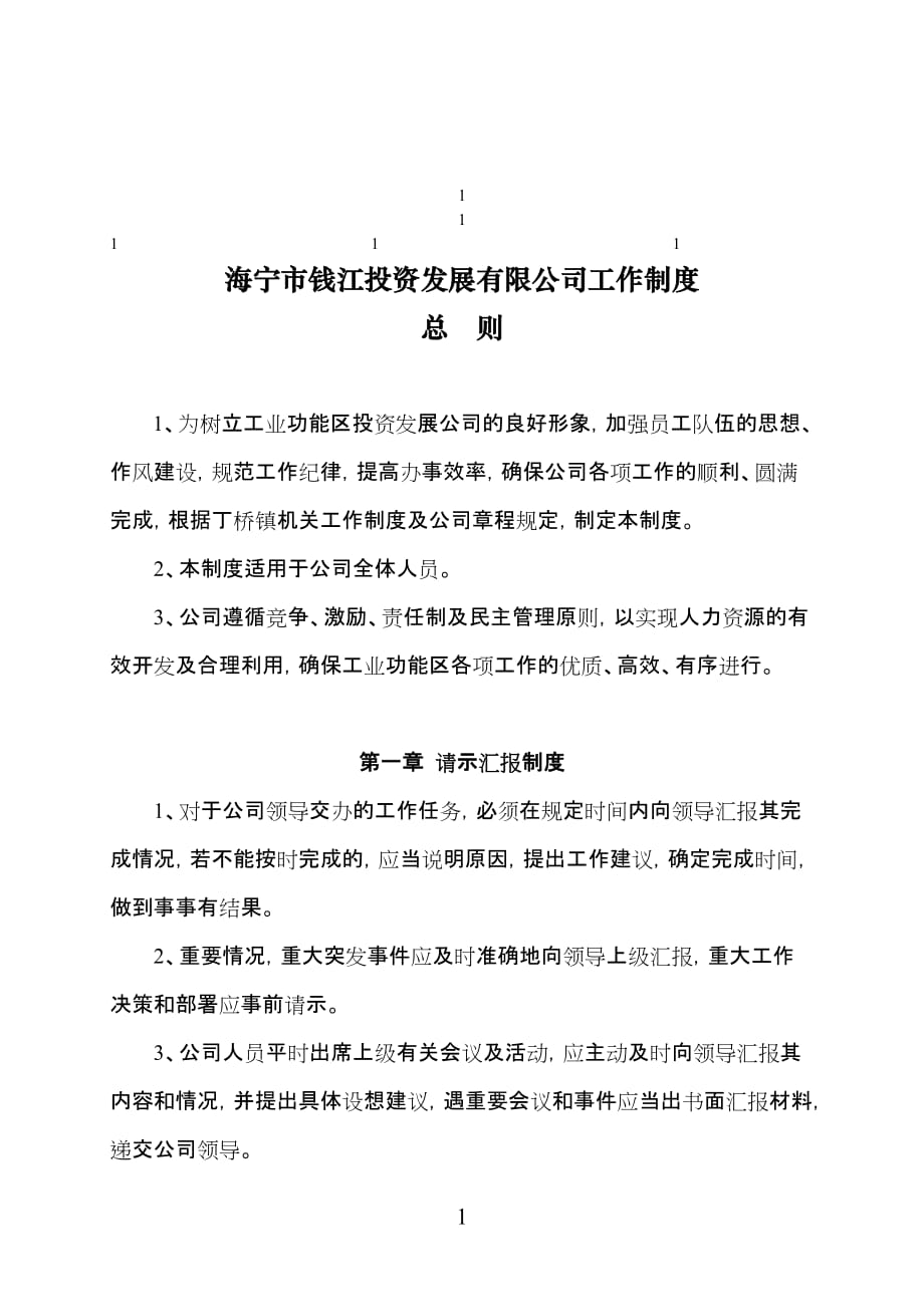 2020年(发展战略）鼎力推荐海宁市钱江投资发展有限公司工作制度__第1页