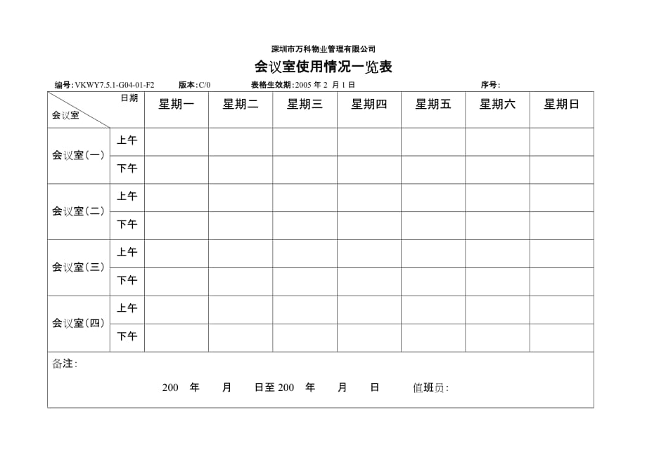 2020年（会议管理）7.5.1-G04-01-F2 会议室使用情况一览表_第1页