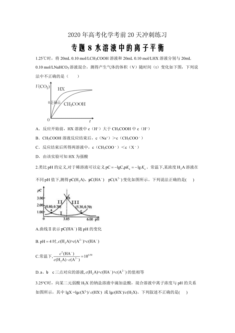 2020年高考化学考前20天冲刺练习：专题8 水溶液中的离子平衡word版_第1页