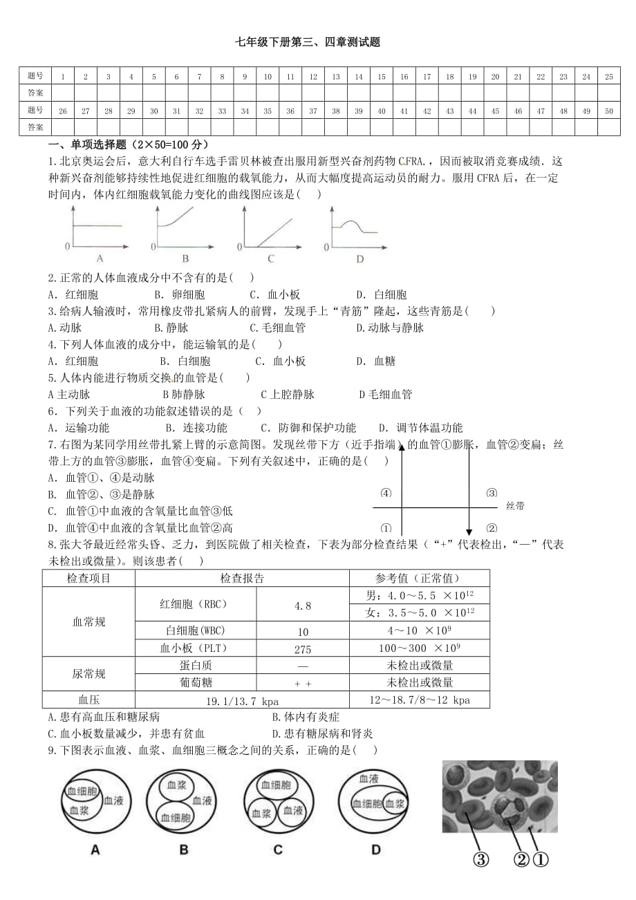 七年级下册生物第四单元第三章第四章测试题.doc_第1页