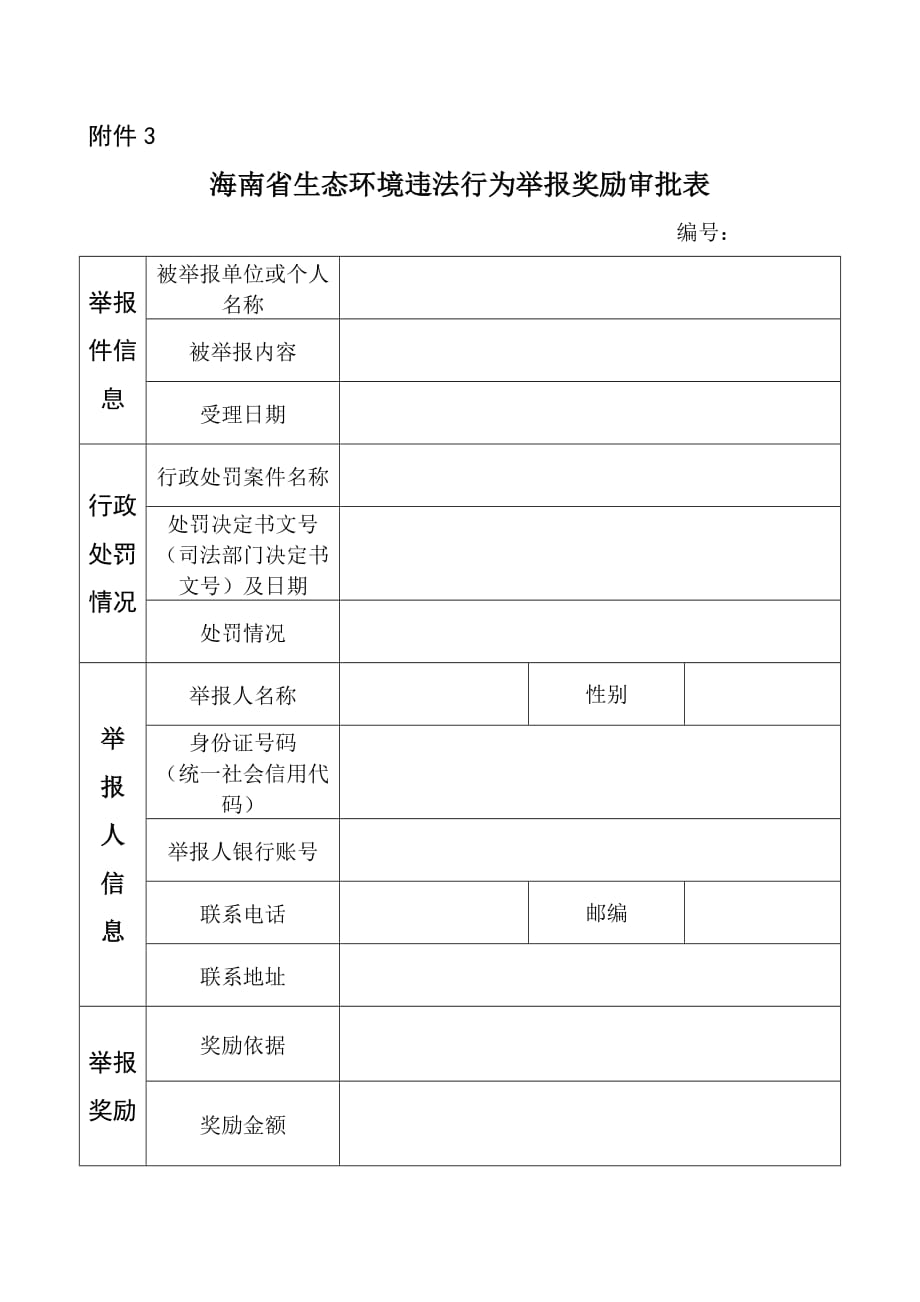 海南省生态环境违法行为举报奖励审批表_第1页