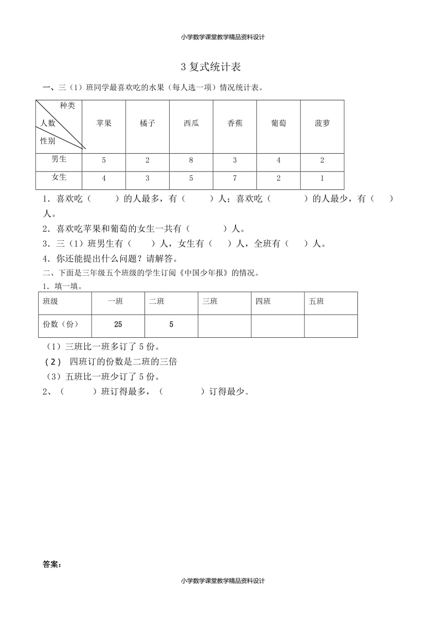 人教版小学三年级下册数学一课一练-复式统计表_第1页