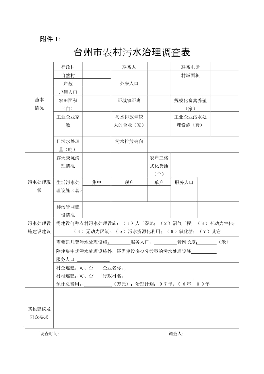 2020年(公司治理）台州市农村污水治理调查表__第1页