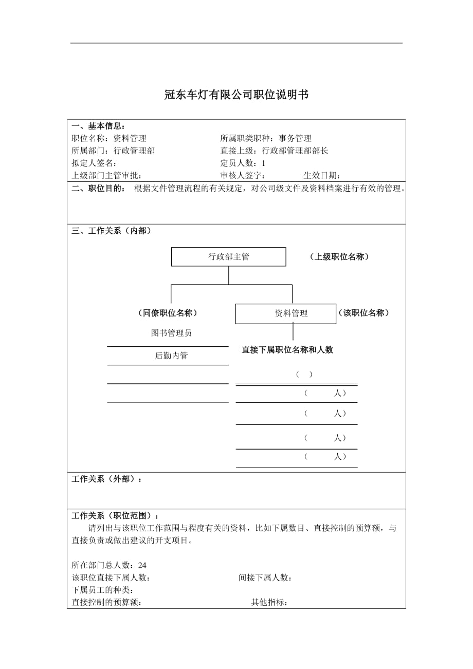 2020年(管理知识）冠东车灯公司行政管理部资料管理职位说明书__第1页