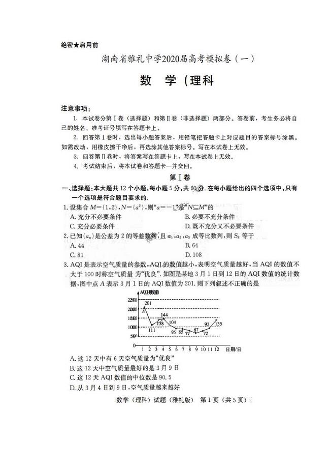 湖南省2020届高考模拟卷一 数学(理数)卷（含答案）