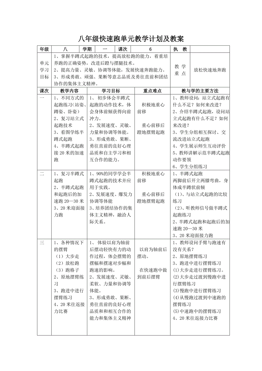 八年级快速跑单元教学计划及教案.doc_第1页