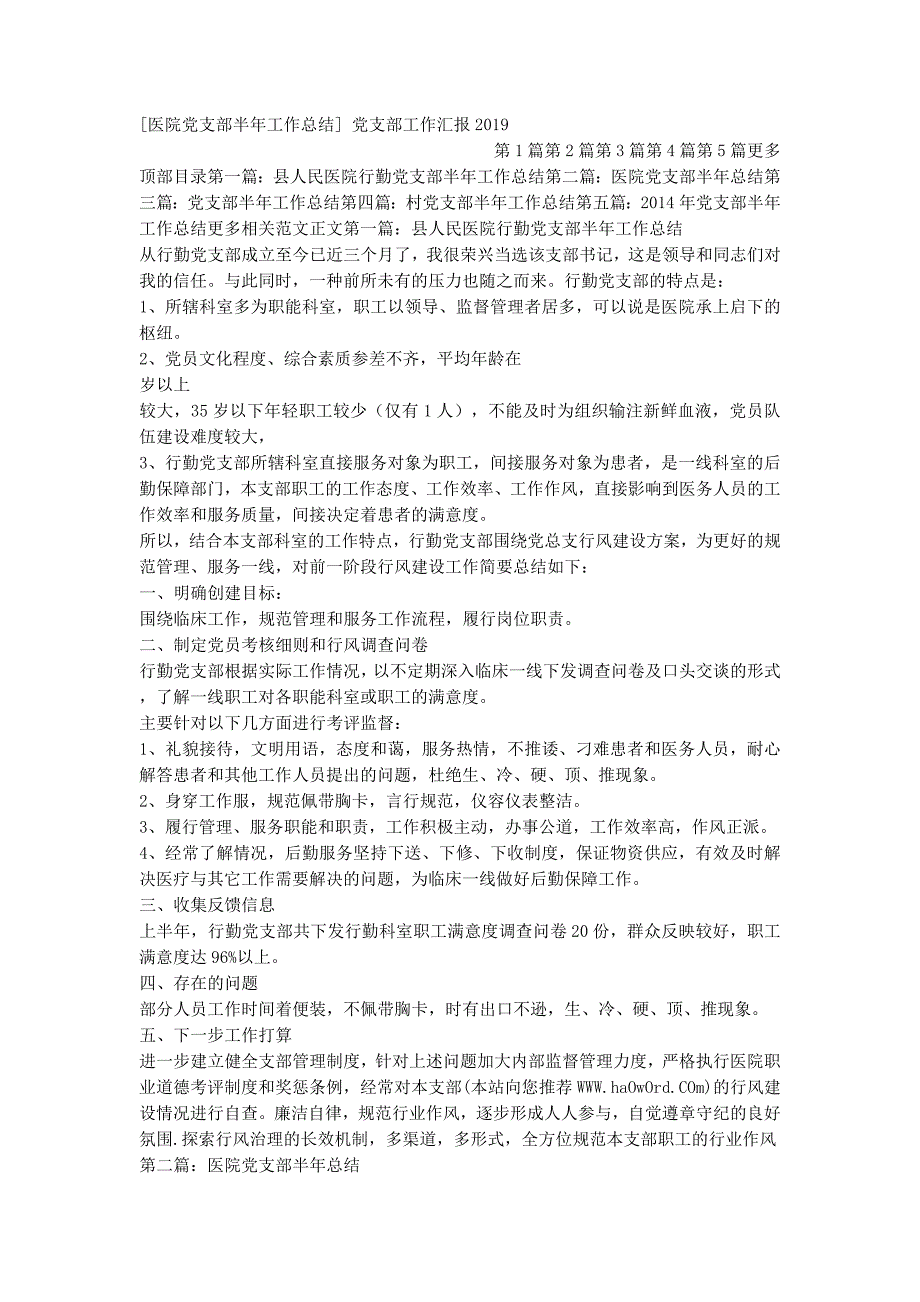 [医院党支部半年工作总结] 党支部工作汇报20的19.docx_第1页