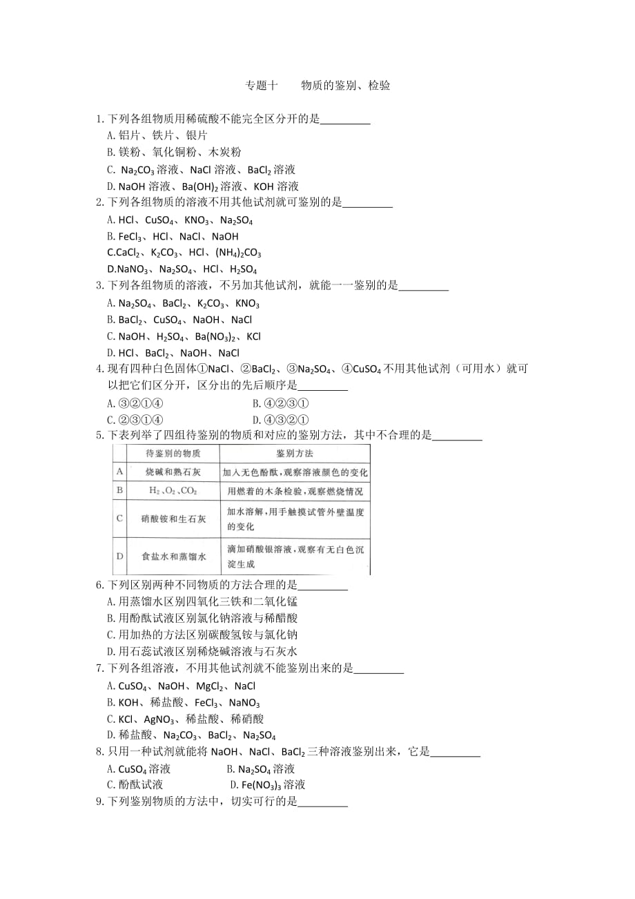 初三化学中考专题(10)物质的鉴别、检验练习及答案.doc_第1页