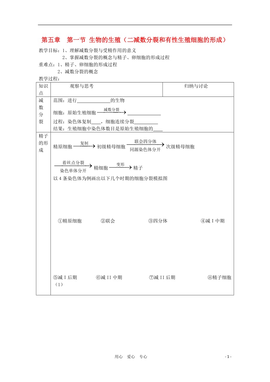 高中生物 第四章第一节 生物的生殖（二减数分裂和有性生殖细胞的形成）训练7 人教版第一册.doc_第1页