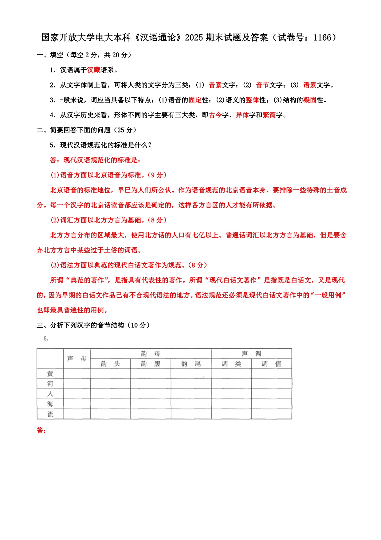 国家开放大学电大本科《汉语通论》2025期末试题及答案（试卷号：1166）_第1页