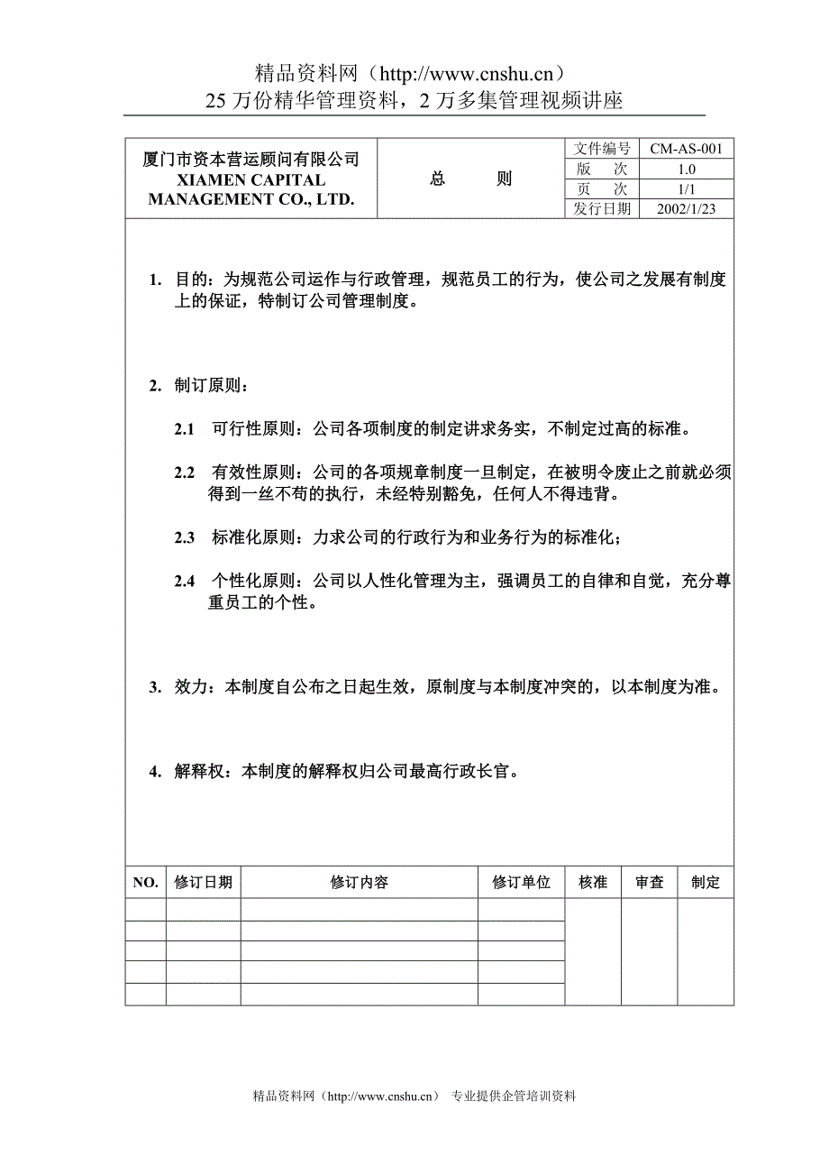 2020年厦门市资本营运顾问有限公司管理制度__第1页