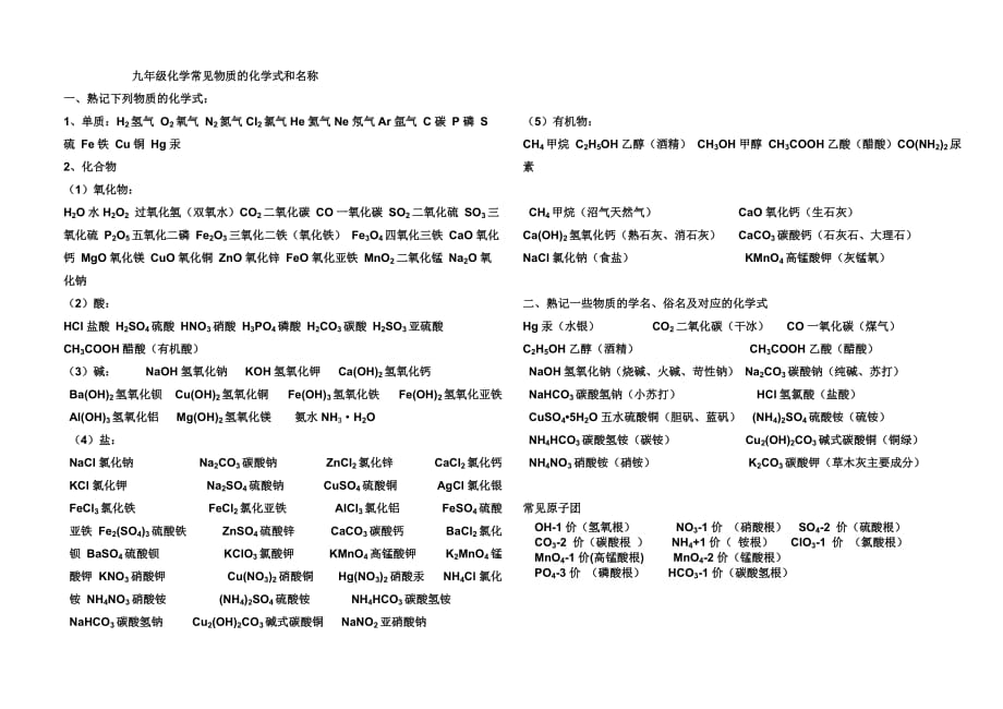 九年级化学常见物质的化学式和名称.doc_第1页