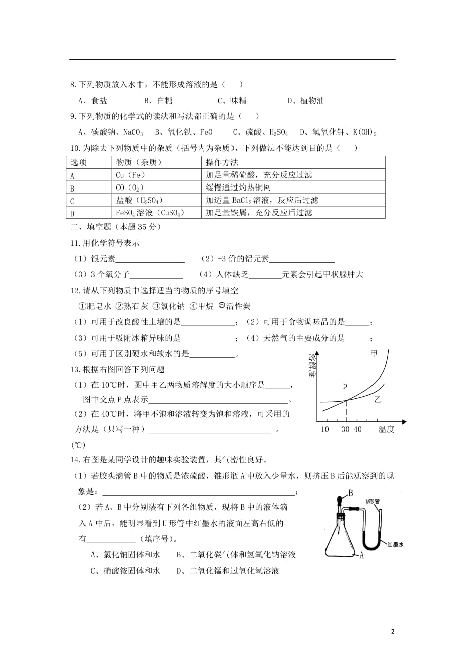 福建省诏安县2012届初中化学毕业班统一质量检测试卷 新人教版.doc_第2页